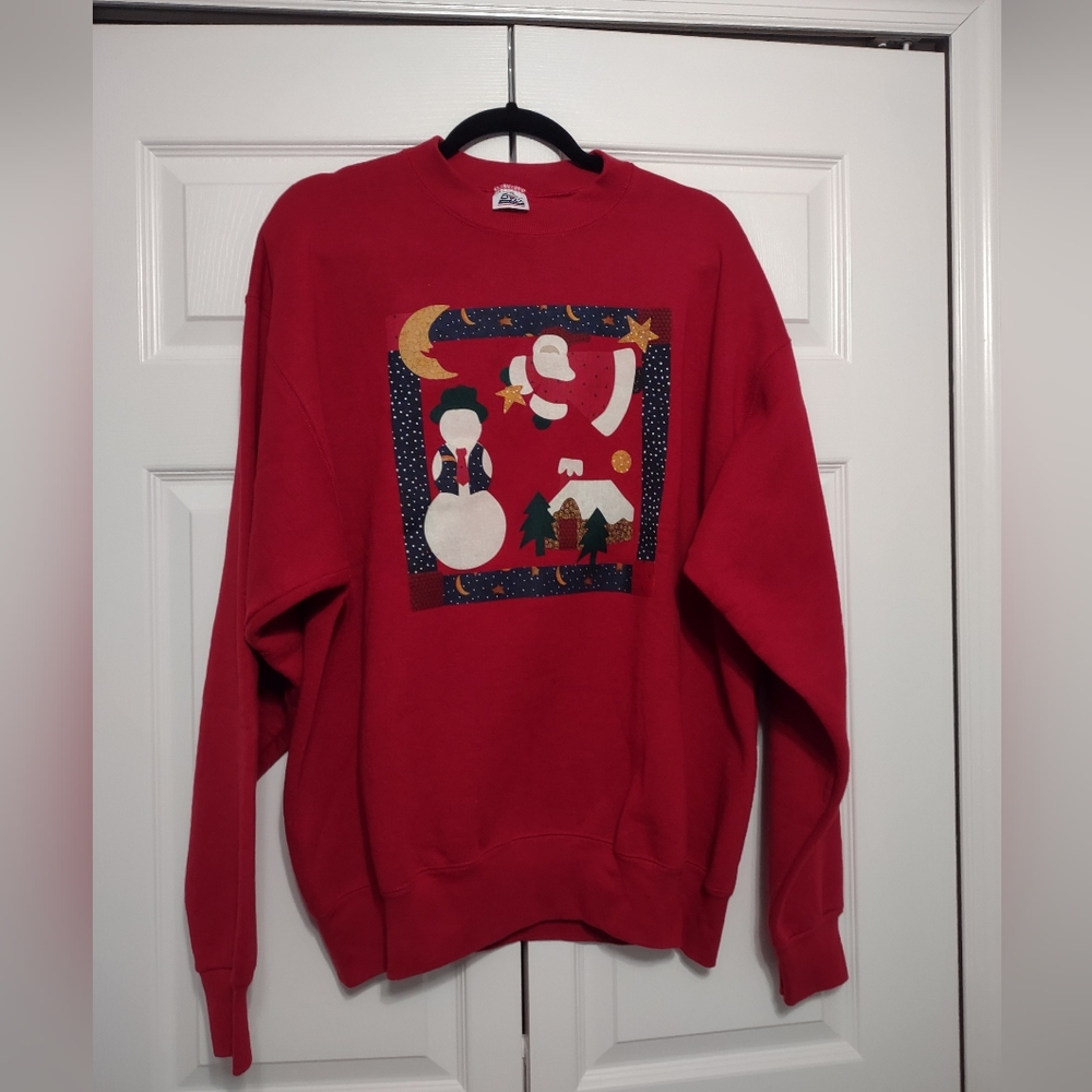 NWOT Red Winter Scene Christmas Sweatshirt Sweater  Snowman Santa cabin